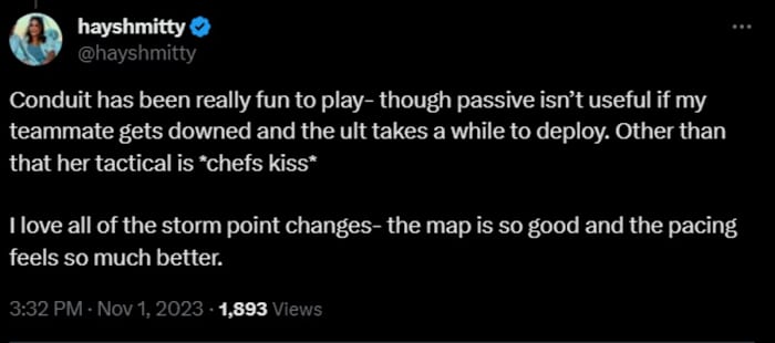 A comment on Twitter from Hayshmitty on Season 19 of Apex Legends.